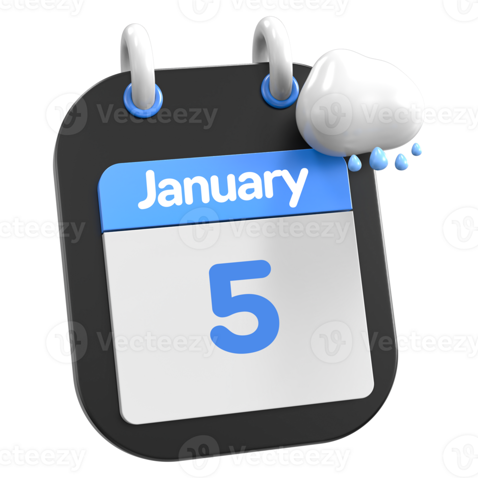 janeiro calendário chovendo nuvem 3d ilustração dia 5 png
