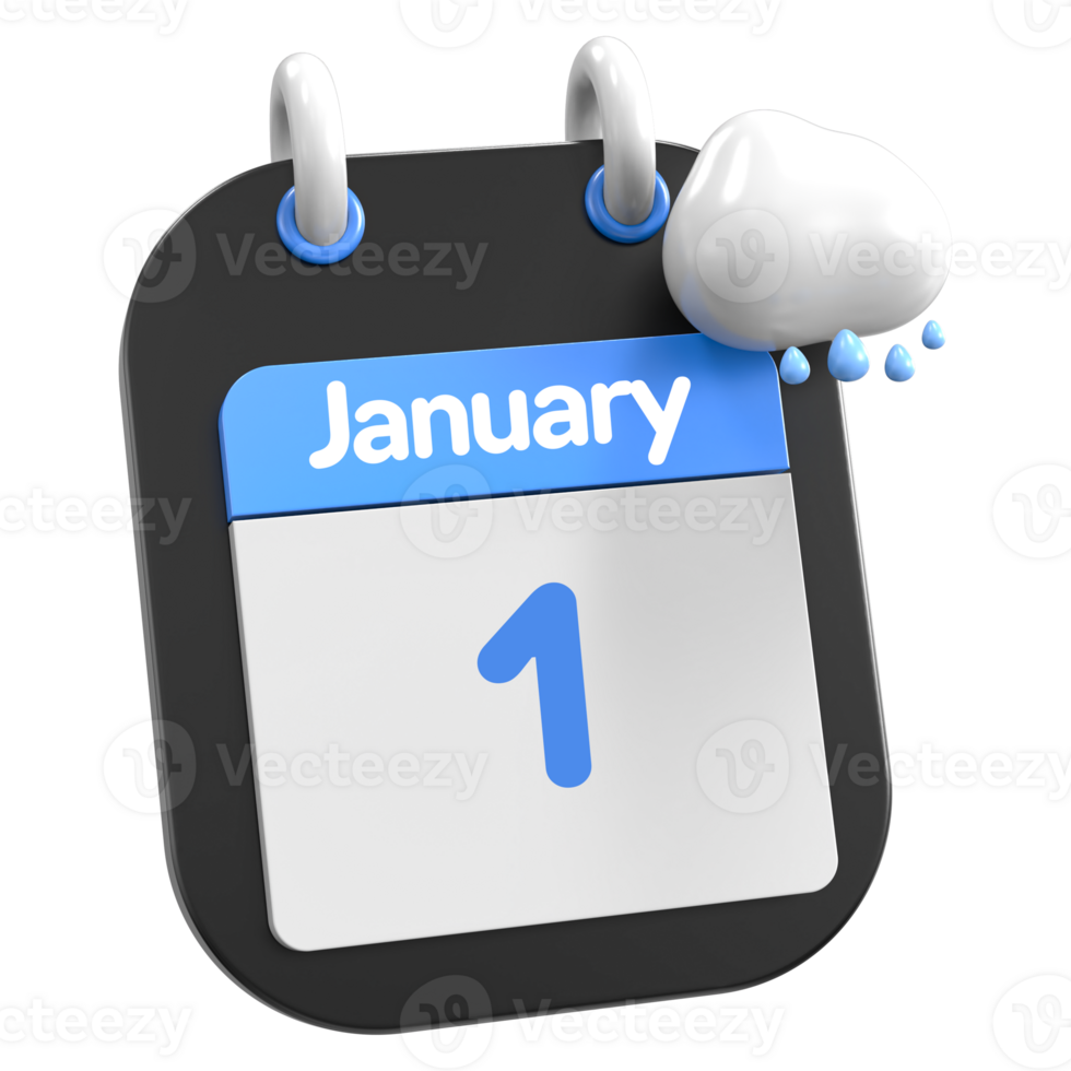 January Calendar Raining Cloud 3D Illustration Day 1 png