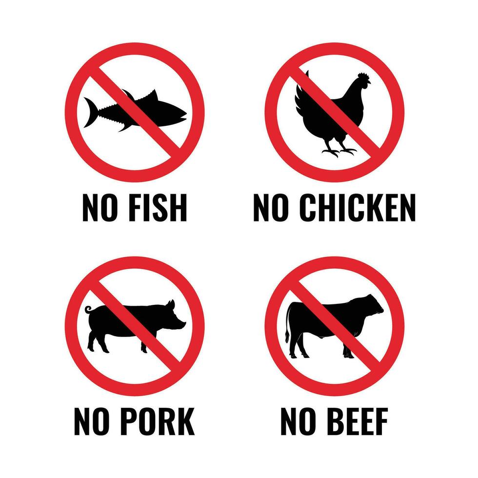 No cerdo, pollo, carne de res, y pescado señales. prohibitorio señales con cruzado fuera cerdo, gallina, vaca, y carpa, simbolos No animal firmar símbolo icono colección vector