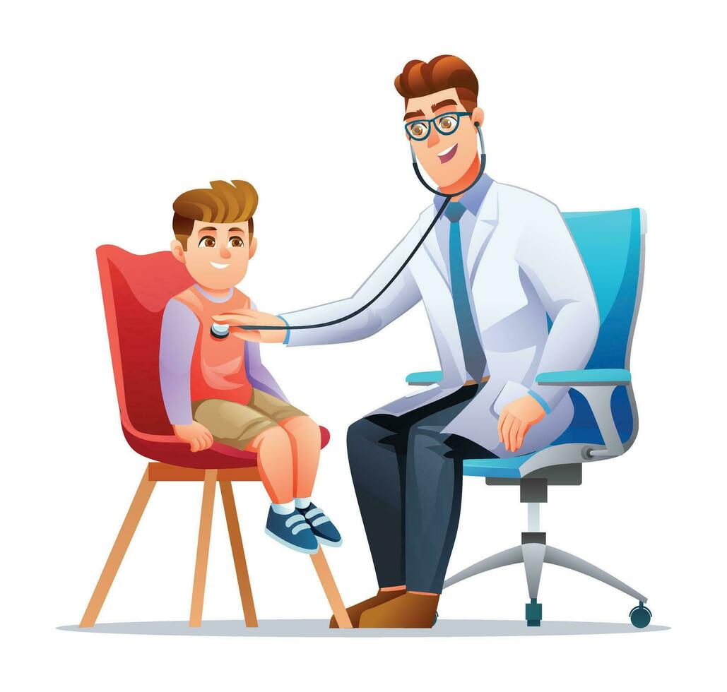 Doctor examining a little boy by stethoscope. Vector cartoon character illustration