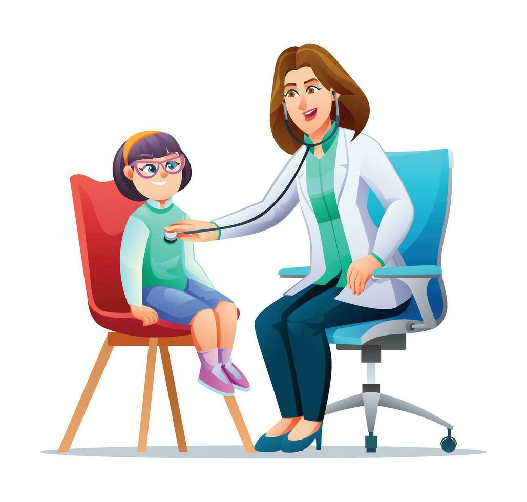 Pediatrician examines the chest of a little girl with a stethoscope. Vector cartoon character illustration