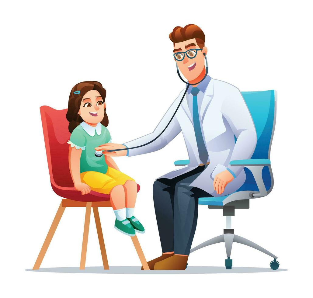 Doctor examining a little girl with a stethoscope in pediatrician's office. Vector cartoon character illustration