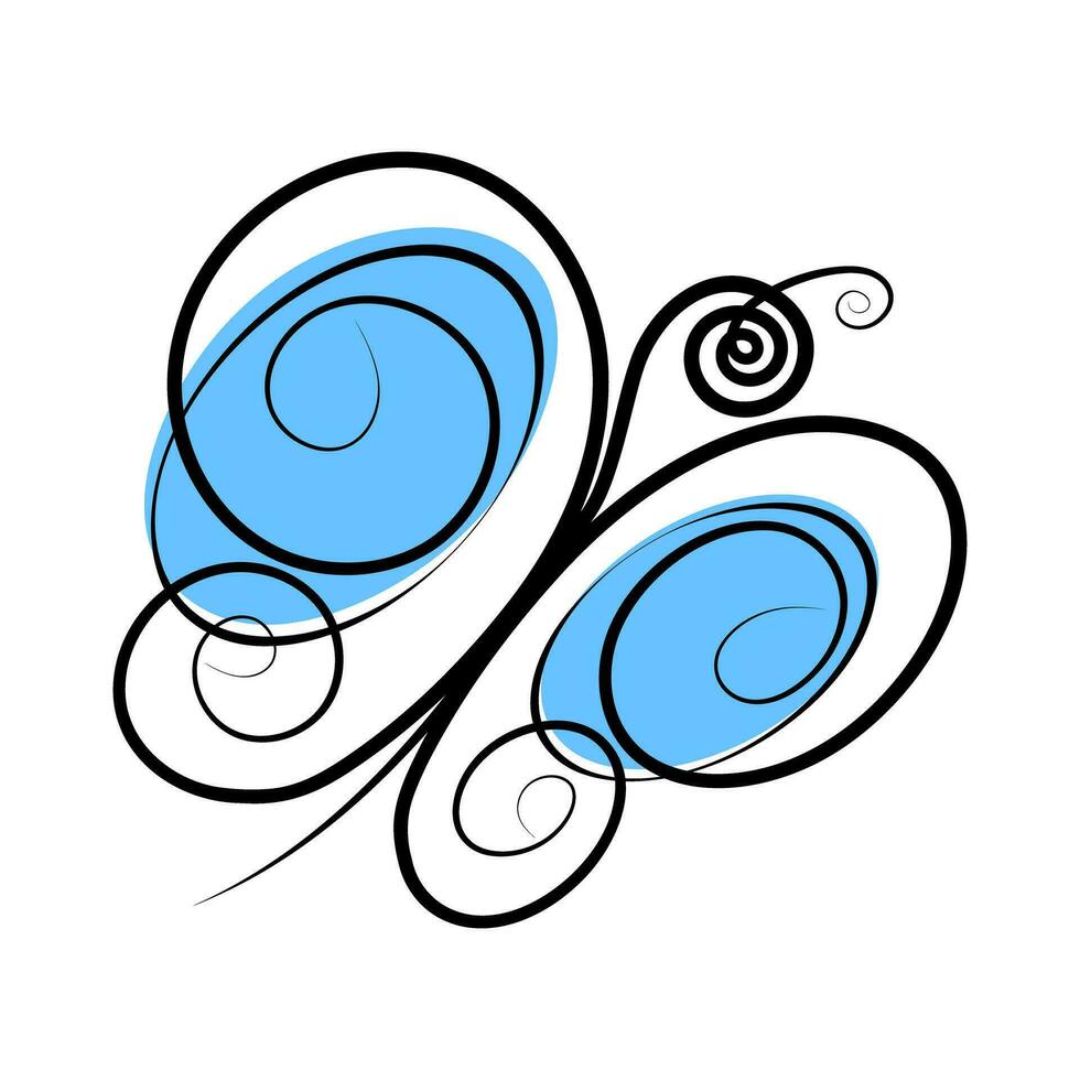 Abstract ornamental butterfly in one line design with spots in trendy blue marker hue. Sticker. Icon vector