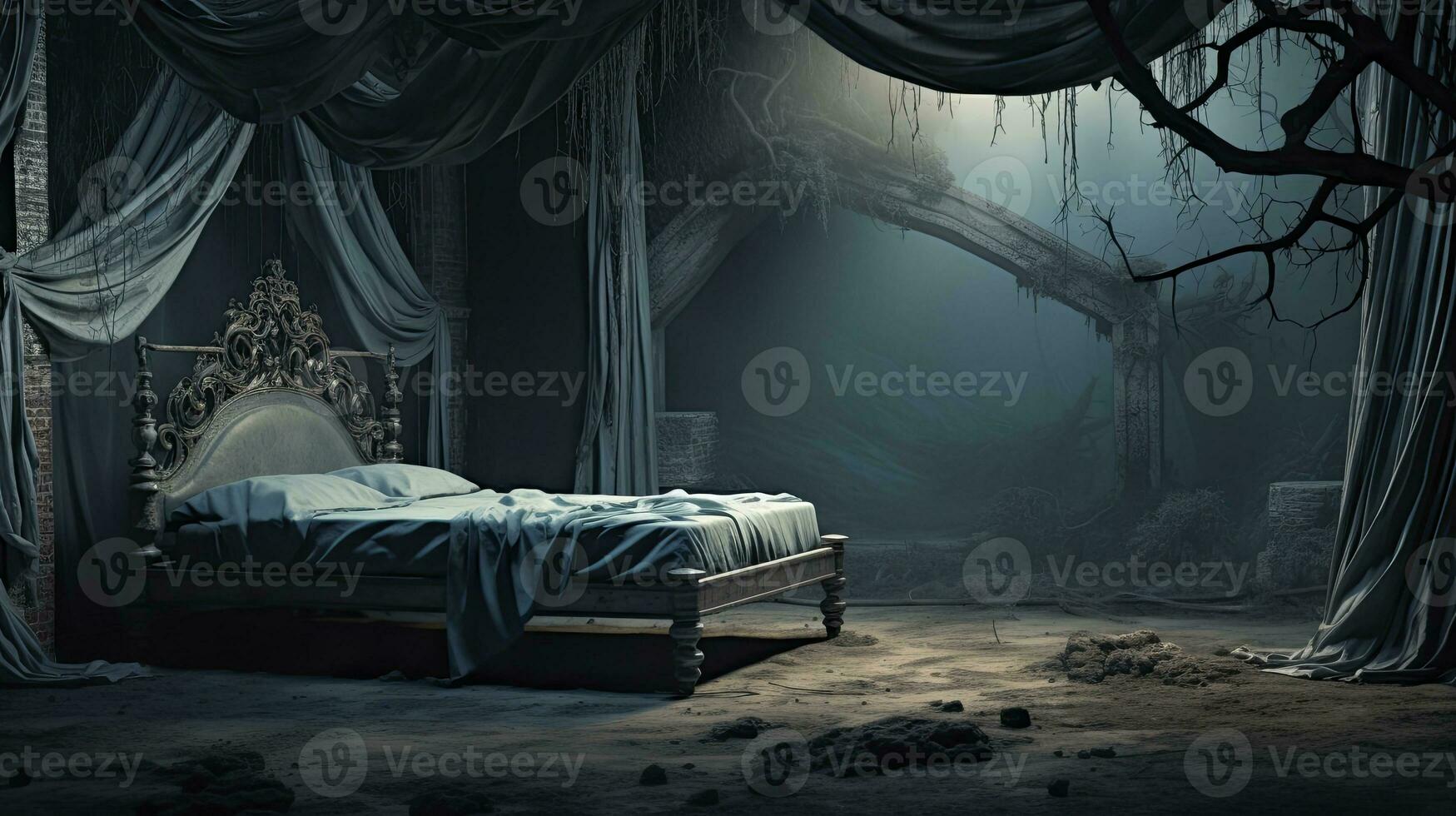 Surreal Horror Bedroom with Lamp and Drape in Dark Cyan. AI Generated photo