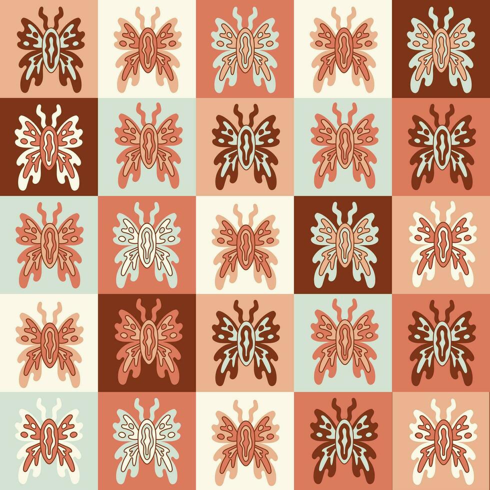Checkered vintage seamless pattern with groovy butterfly vector