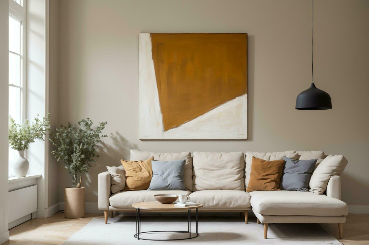 vivo habitación con gris sofá, de madera café mesa, y grande imagen marco ai generado foto
