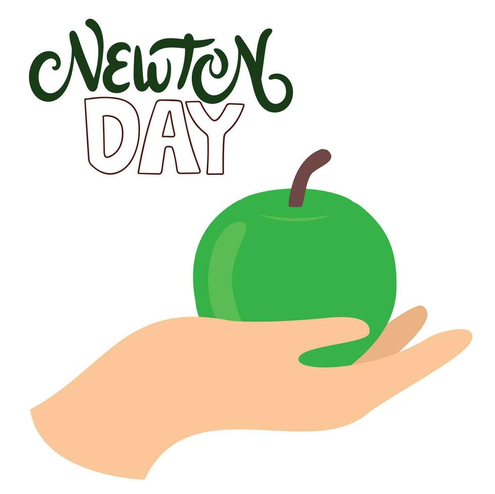 Newton Day text banner. Handwriting Newton Day lettering banner. Text holiday banner with apple on hand. Hand drawn vector art.