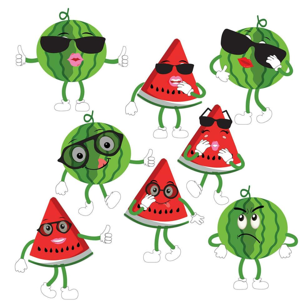 Funny watermelon slices characters with cartoon smile faces. Cute fruit in sunglasses surf. Summer time party. Comic watermelons vector set