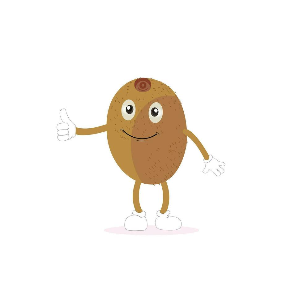 kiwi Fruta dibujos animados personaje con verdoso marrón borroso piel y señalando mano gesto, para agricultura o Fresco comida diseño. kiwi Fruta vector caracteres, dibujos animados linda kiwi Fruta dibujos animados emoticonos