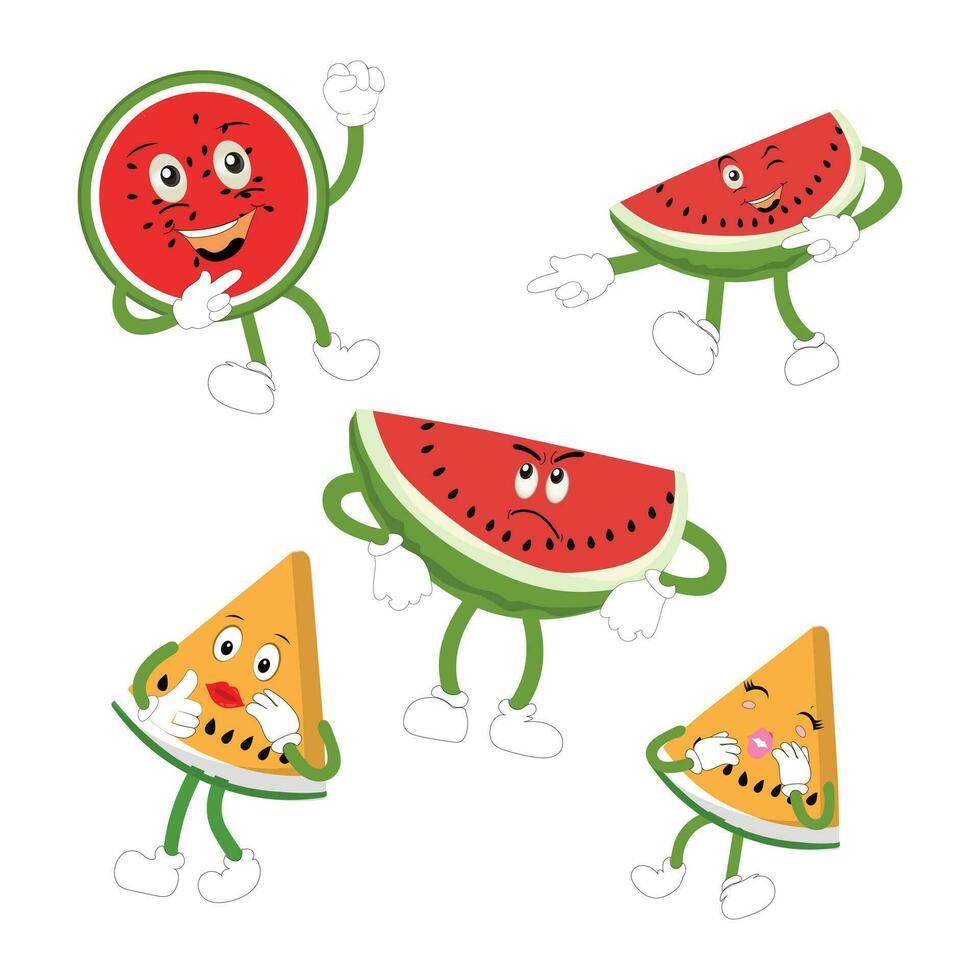 Funny watermelon slices characters with cartoon smile faces. Cute fruit in sunglasses surf. Summer time party. Comic watermelons vector set