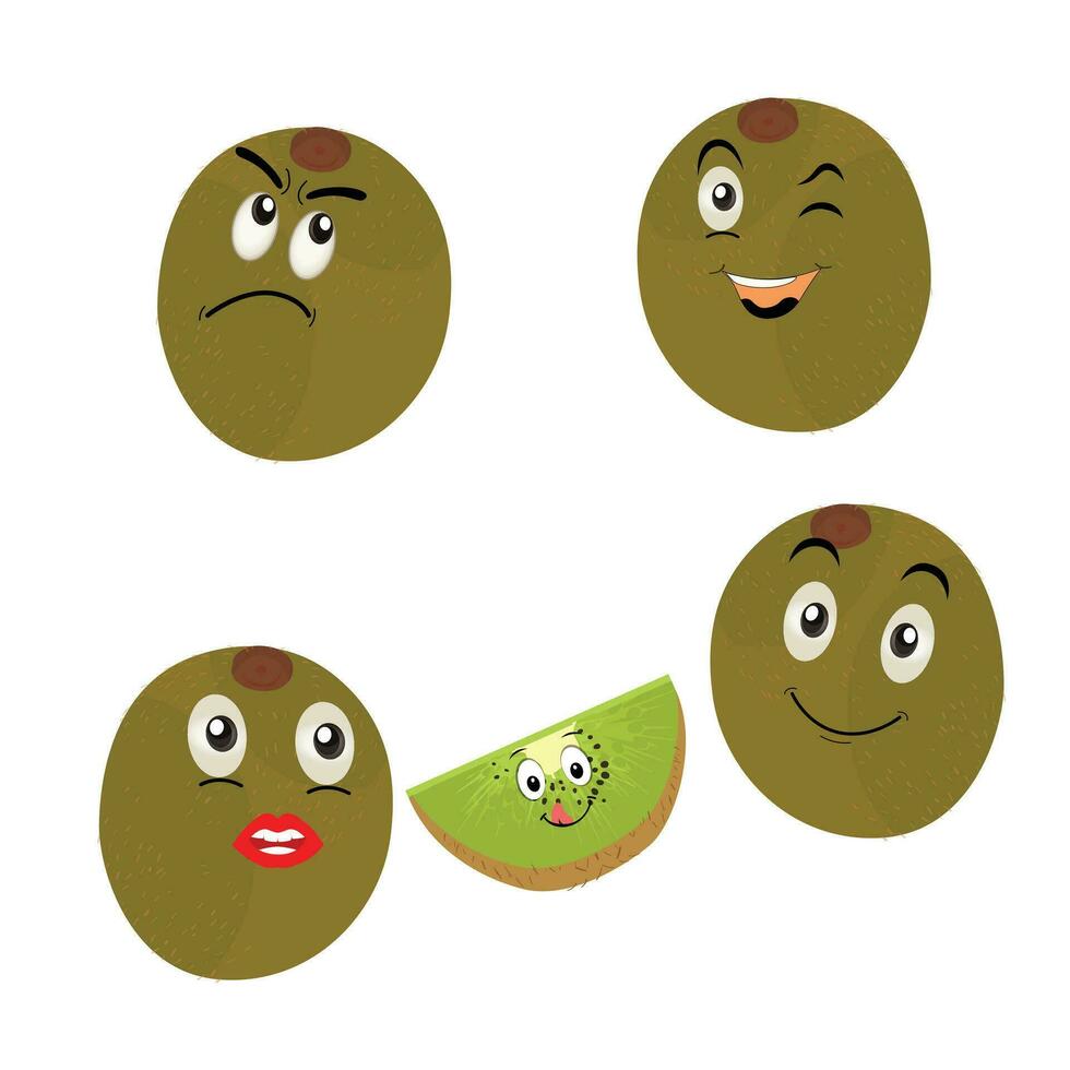 linda kiwi dibujos animados. con contento facial expresiones y diferente pose. dibujos animados personaje de rebanada de kiwi con varios cocinero emoticones vector