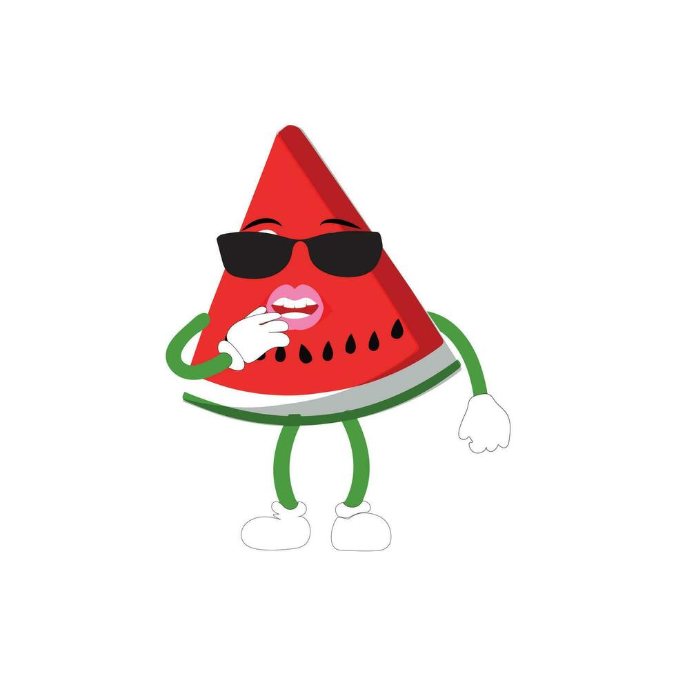 Funny watermelon slices characters with cartoon smile faces. Cute fruit in sunglasses surf. Summer time party. Comic watermelons vector set