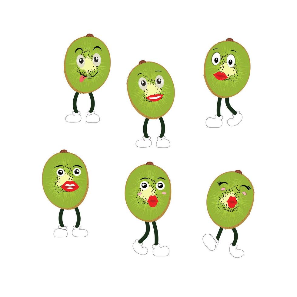 Cute kiwi cartoon. with happy facial expressions and different pose. Cartoon character of slice of kiwi with various chef emoticons vector