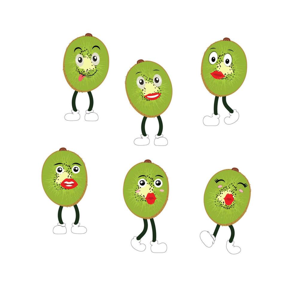 linda kiwi dibujos animados. con contento facial expresiones y diferente pose. dibujos animados personaje de rebanada de kiwi con varios cocinero emoticones vector