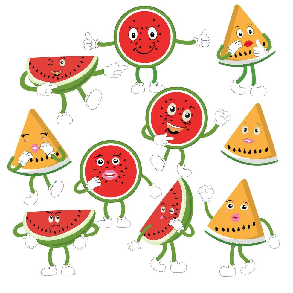 Funny watermelon slices characters with cartoon smile faces. Cute fruit in sunglasses surf. Summer time party. Comic watermelons vector set