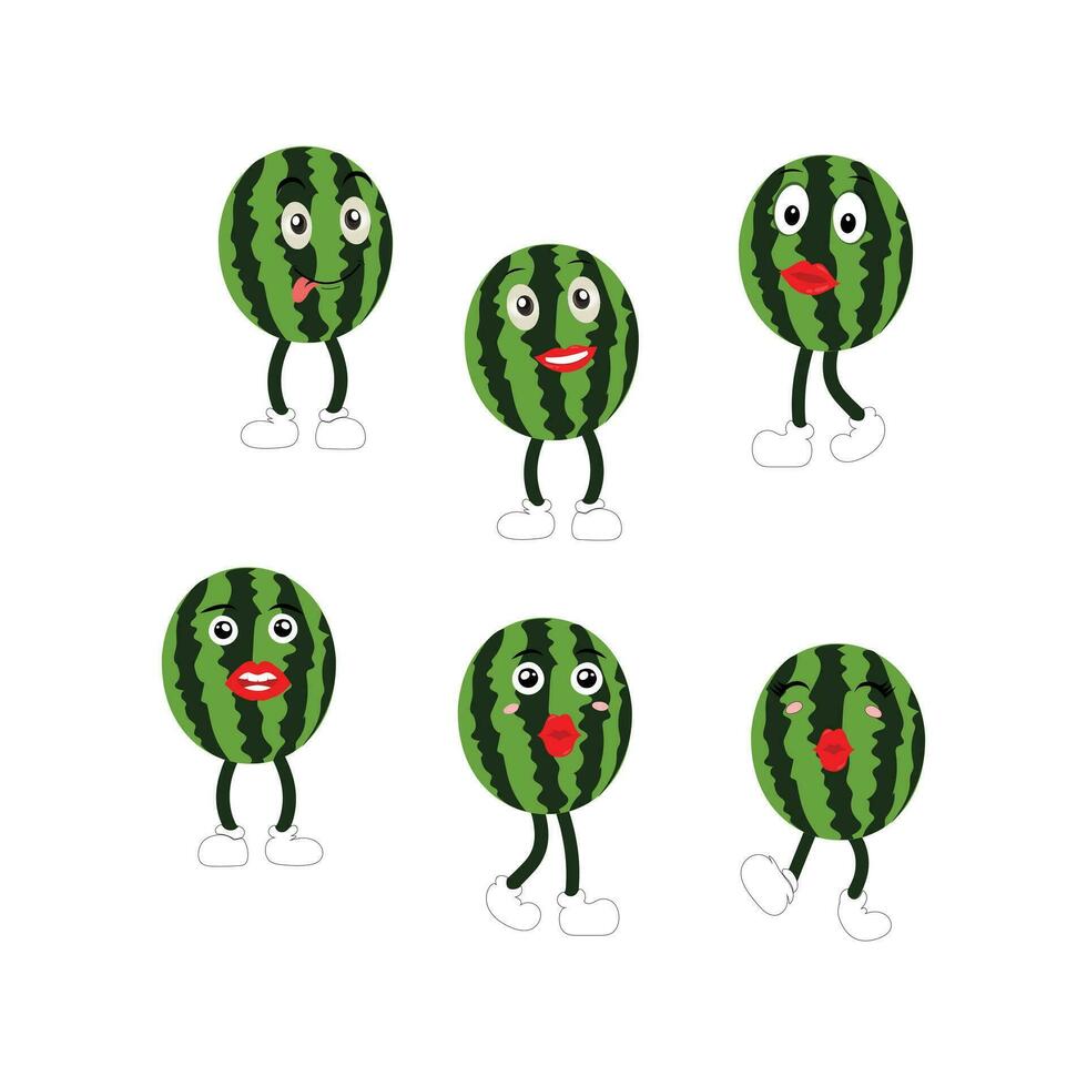 Watermelon Character with Various Face Expressions. Vector illustration set of funny and cute cartoon fruits isolated on white background. Mascot collection.