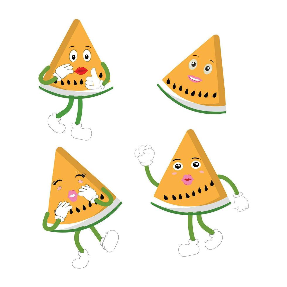 Funny watermelon slices characters with cartoon smile faces. Cute fruit in sunglasses surf. Summer time party. Comic watermelons vector set