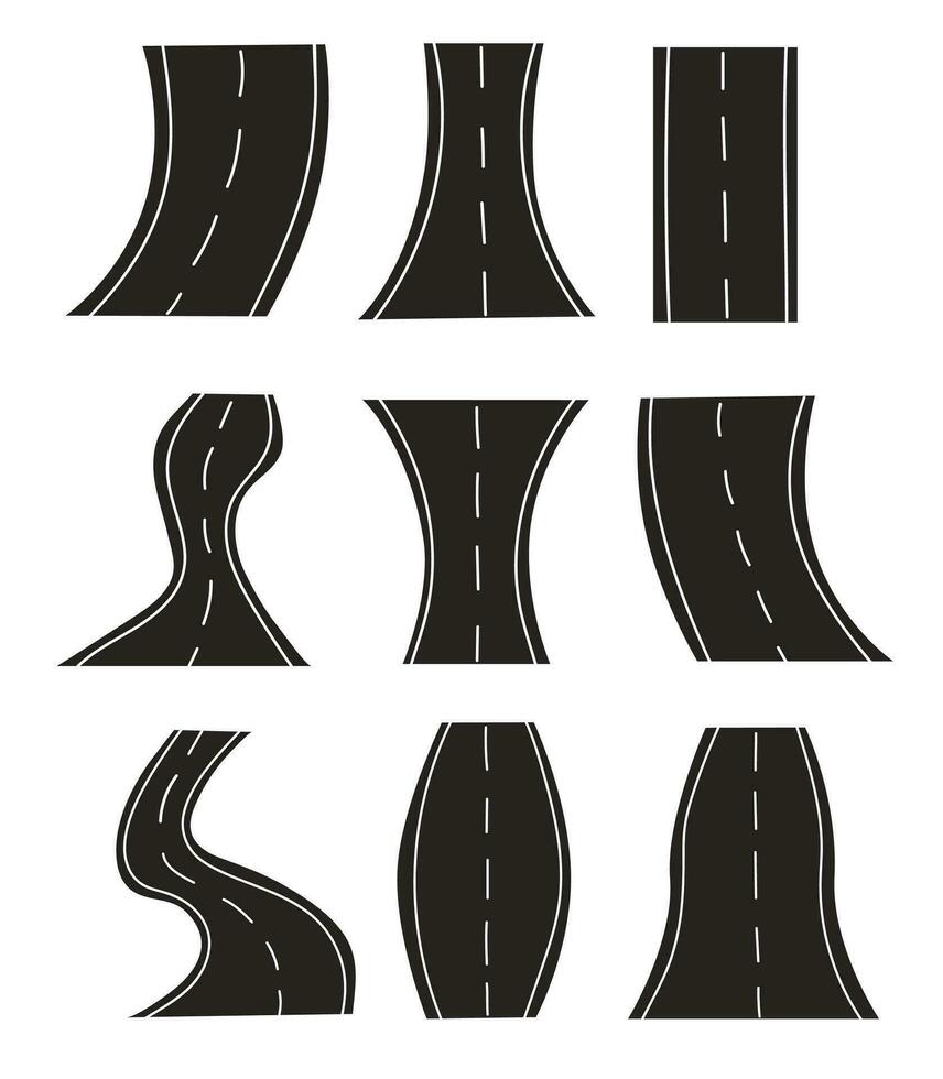 conjunto de doblar carreteras y carreteras aislado en blanco antecedentes. logo, icono, pegatina, firmar camino forma. vector plano ilustración.