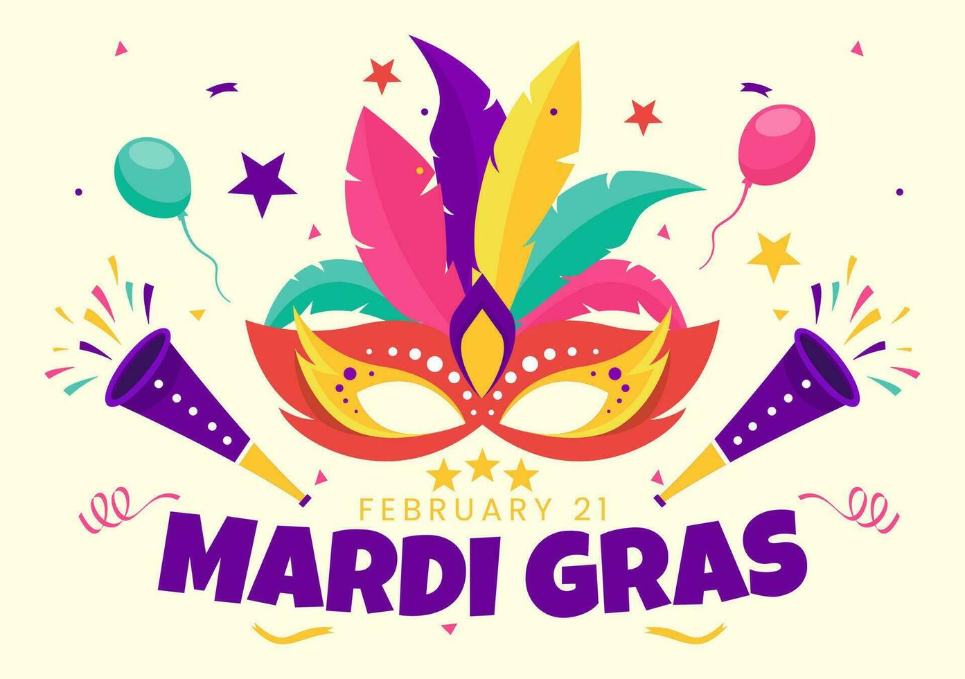 mardi gras carnaval vector ilustración. Traducción es francés para grasa martes. festival con mascaras, maracas, guitarra y plumas en púrpura antecedentes