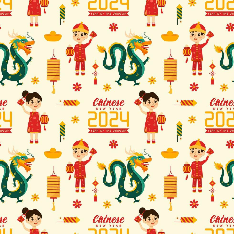 Happy Chinese New Year 2024 Seamless Pattern Design. Translation Year of the Dragon. with Lantern, Dragons and China Elements in Flat Illustration vector