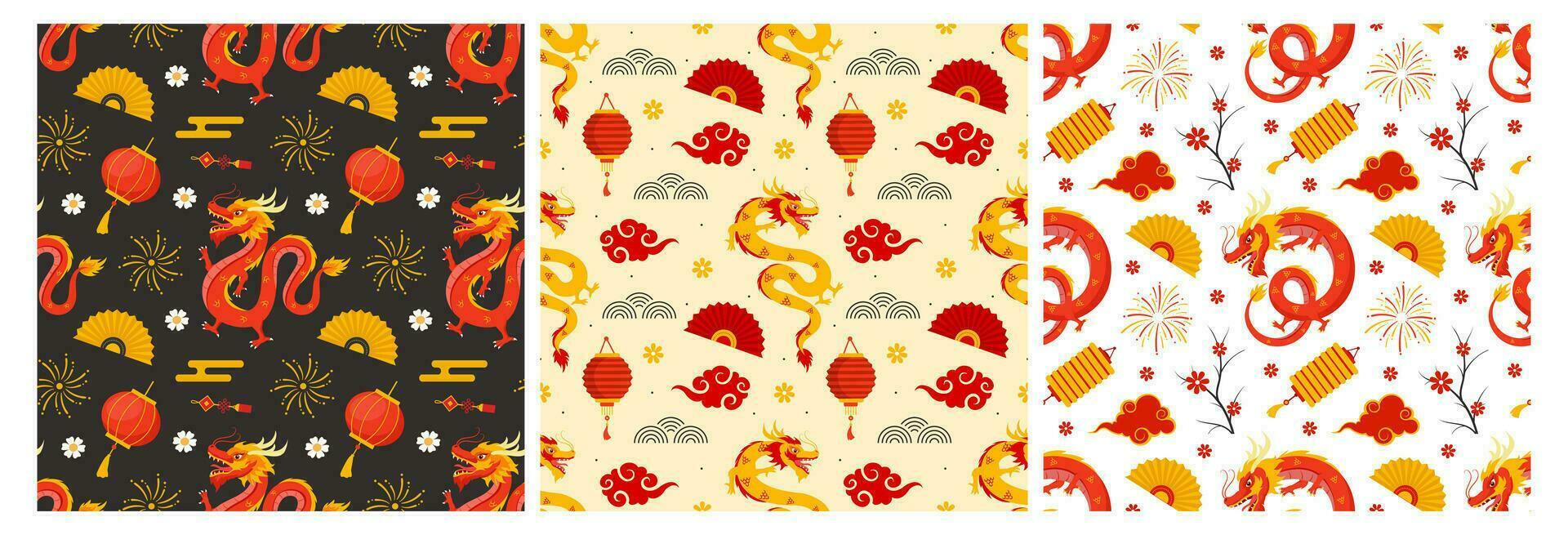 Happy Chinese New Year 2024 Seamless Pattern Design. Translation Year of the Dragon. with Lantern, Dragons and China Elements in Flat Illustration vector