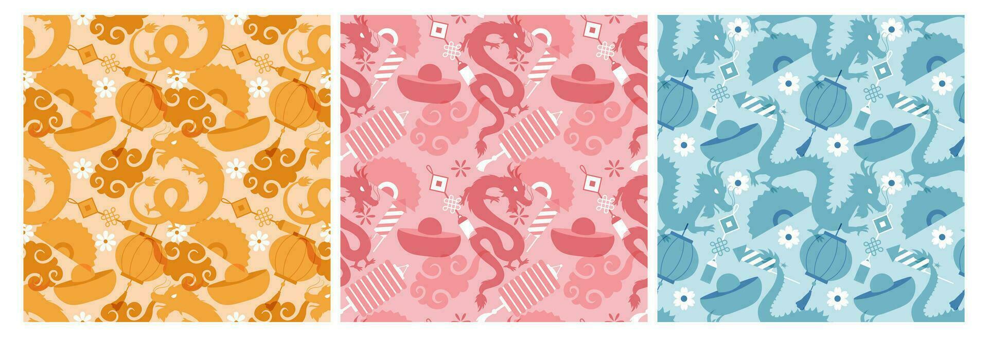 Happy Chinese New Year 2024 Seamless Pattern Design. Translation Year of the Dragon. with Lantern, Dragons and China Elements in Flat Illustration vector