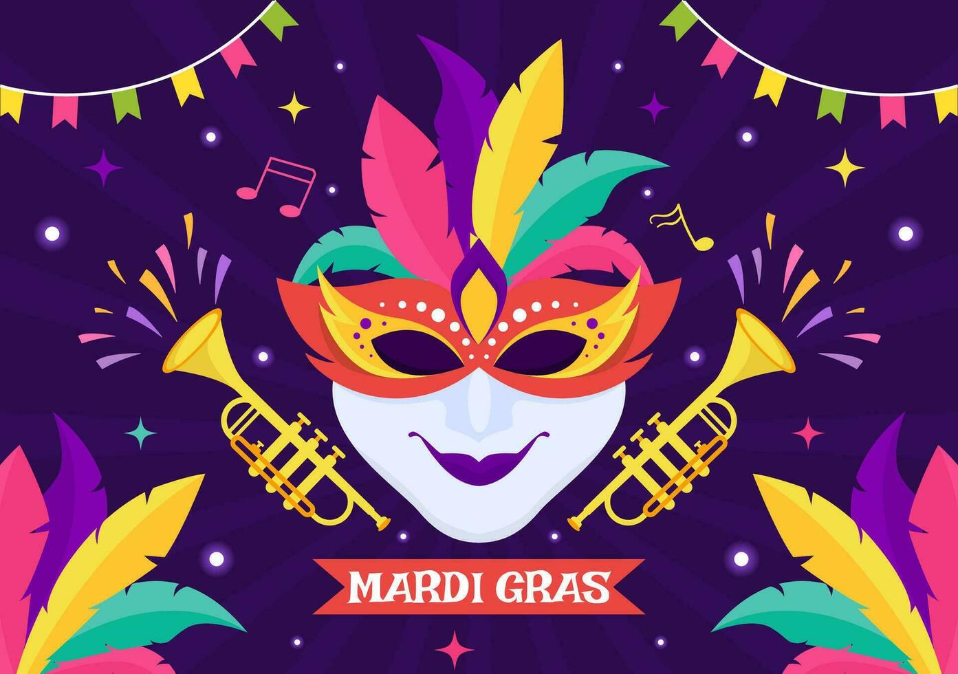 Mardi Gras Carnival Vector Illustration. Translation is French for Fat Tuesday. Festival with Masks, Maracas, Guitar and Feathers on Purple Background