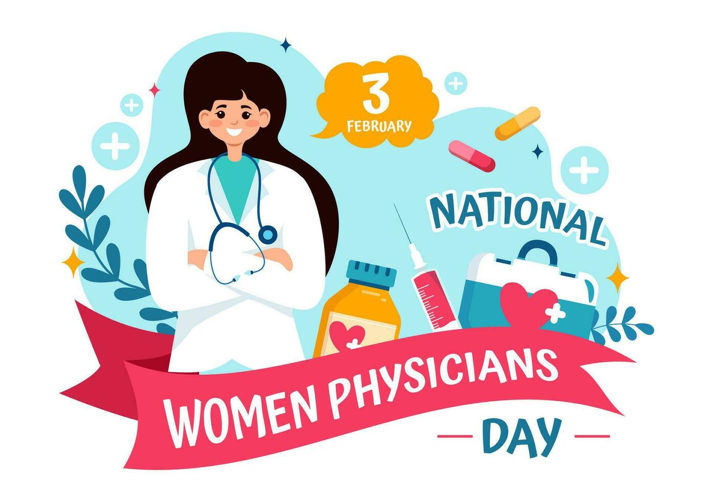 National Women Physicians Day Vector Illustration on February 3 to Honor Female Doctors Across the Country in Flat Cartoon Background Design