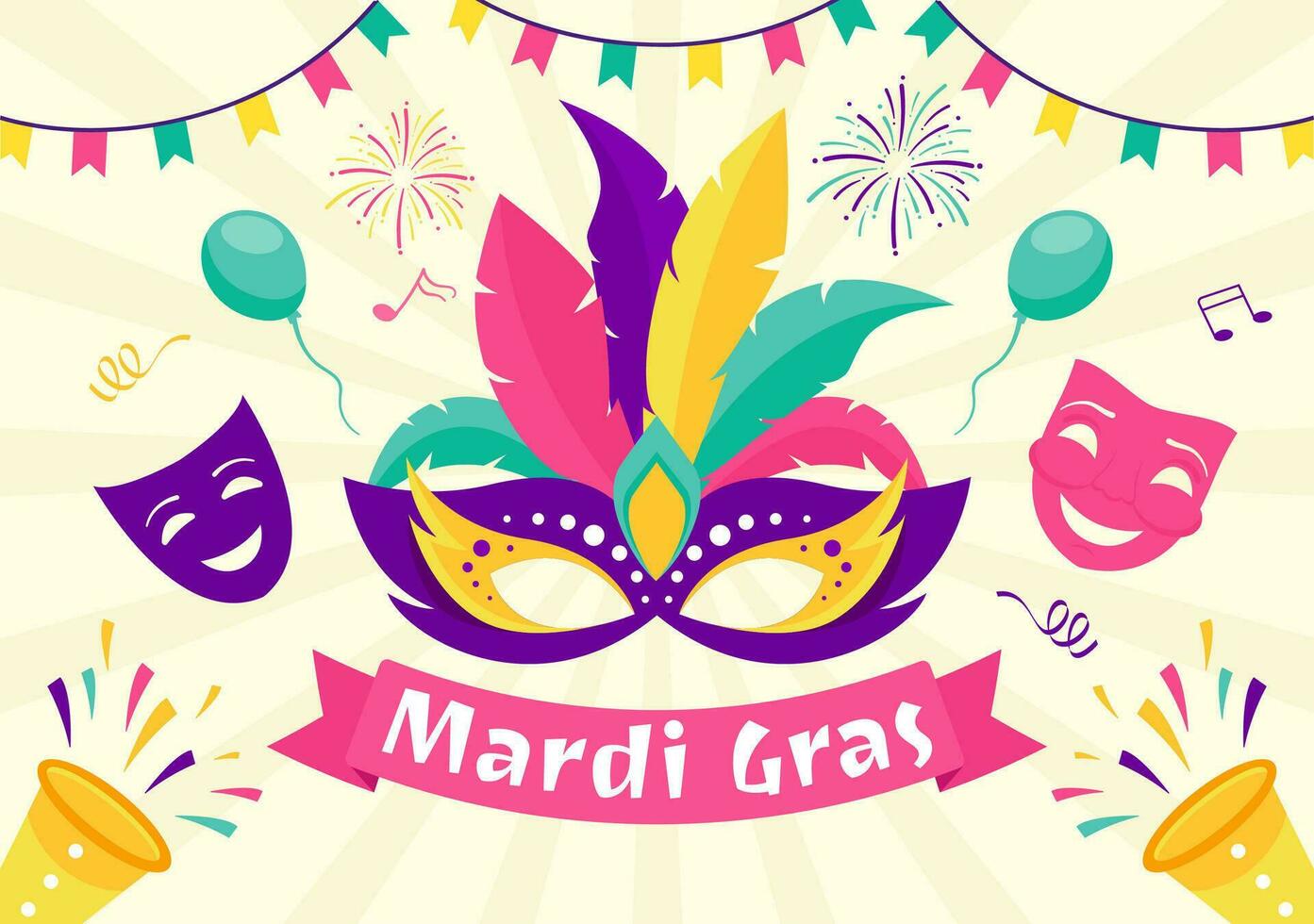 Mardi Gras Carnival Vector Illustration. Translation is French for Fat Tuesday. Festival with Masks, Maracas, Guitar and Feathers on Purple Background