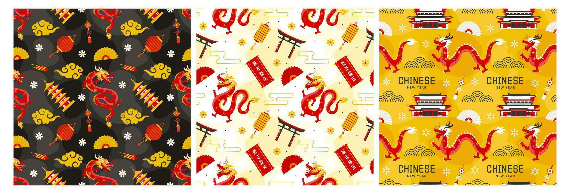Happy Chinese New Year 2024 Seamless Pattern Design. Translation Year of the Dragon. with Lantern, Dragons and China Elements in Flat Illustration vector
