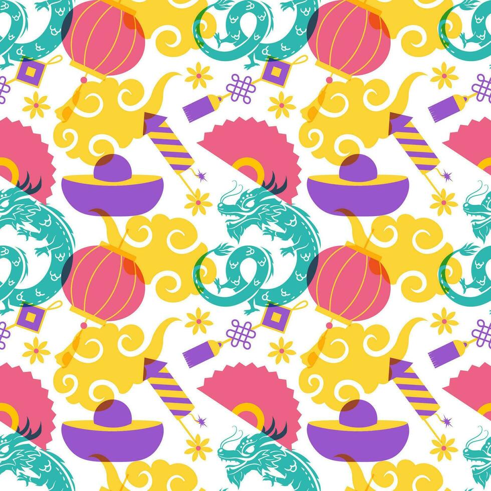 Happy Chinese New Year 2024 Seamless Pattern Design. Translation Year of the Dragon. with Lantern, Dragons and China Elements in Flat Illustration vector