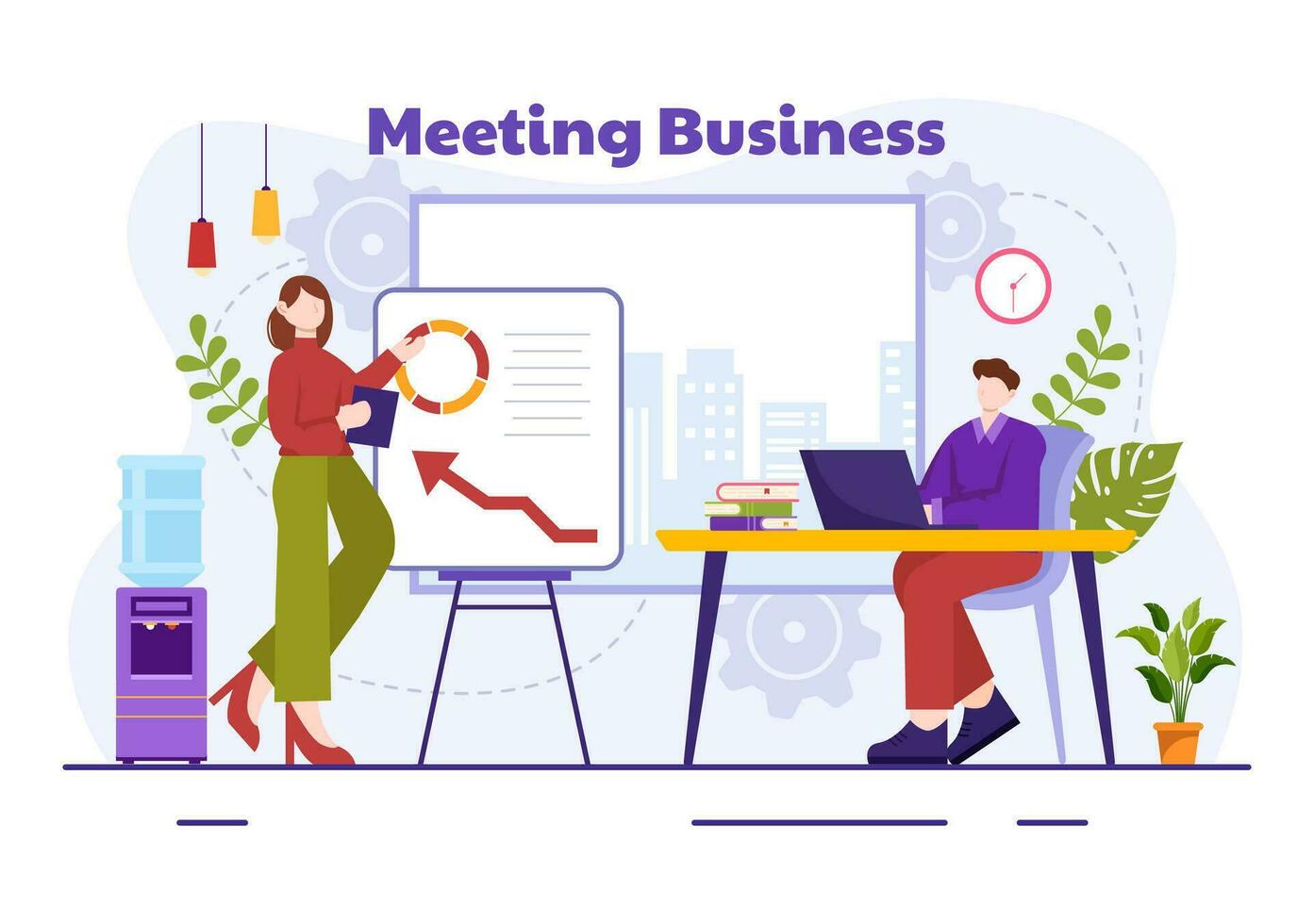 Business Meeting Vector Illustration with Businessman and Employees on Presentation Conference at Project Strategy in Flat Cartoon Background