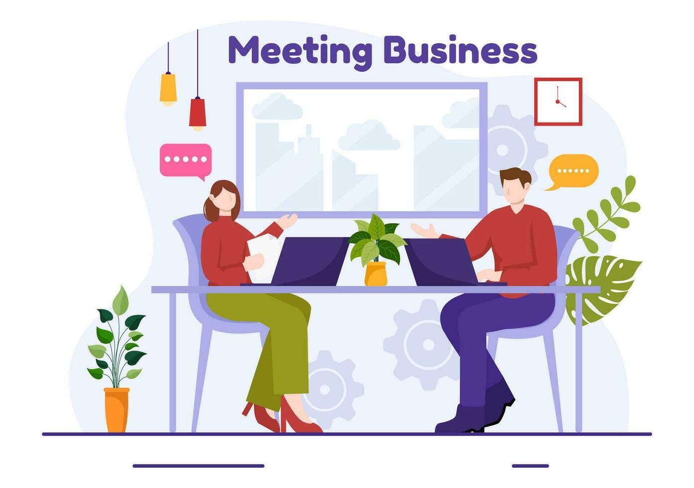 Business Meeting Vector Illustration with Businessman and Employees on Presentation Conference at Project Strategy in Flat Cartoon Background