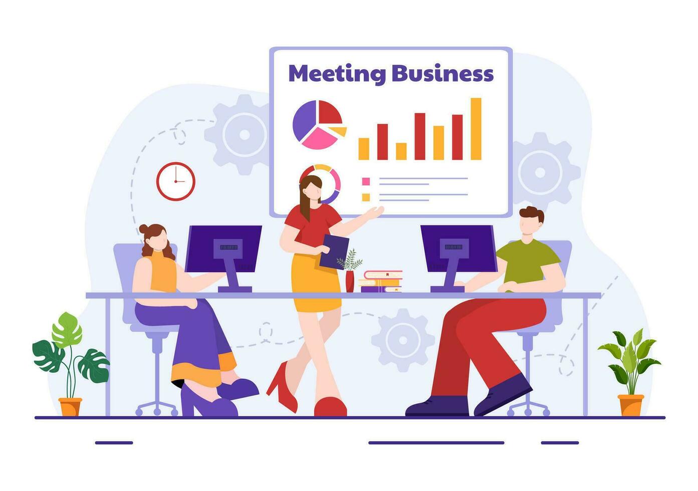 Business Meeting Vector Illustration with Businessman and Employees on Presentation Conference at Project Strategy in Flat Cartoon Background