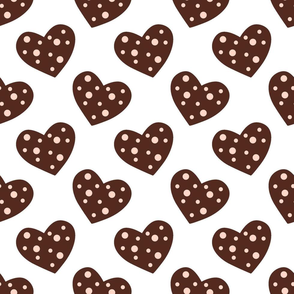 Seamless pattern with chocolates in form heart and pink icing. Valentine day background. Vector flat illustration.