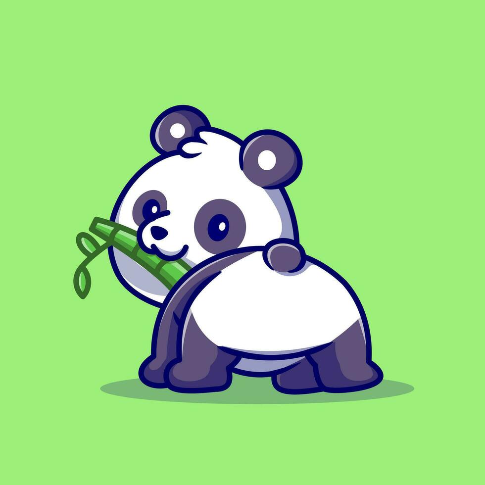 Cute Baby Panda Eating Bamboo Cartoon Vector Icon Illustration. Animal Nature Icon Concept Isolated Premium Vector. Flat Cartoon Style