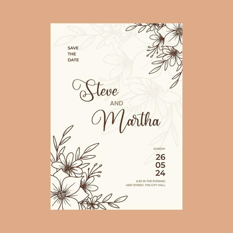 Floral wedding invitation card with hand drawn outline botanical frame vector