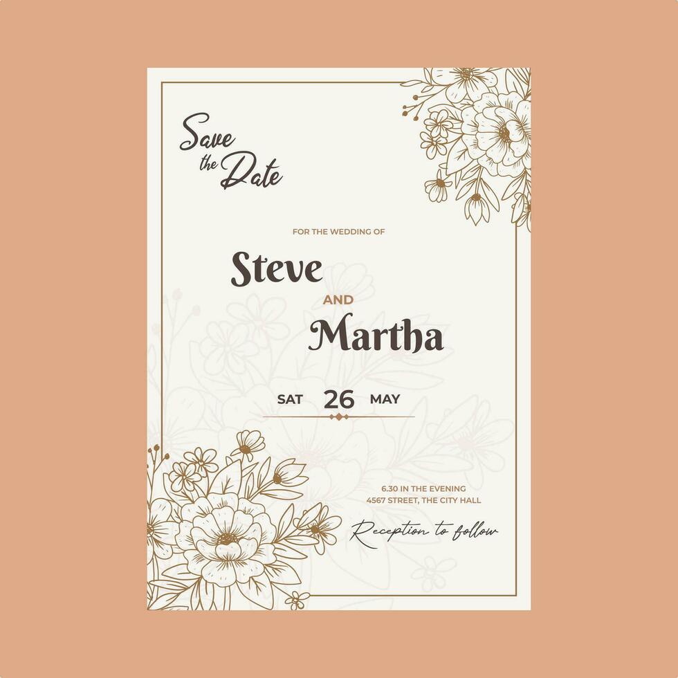 Floral wedding invitation card with hand drawn outline botanical frame vector