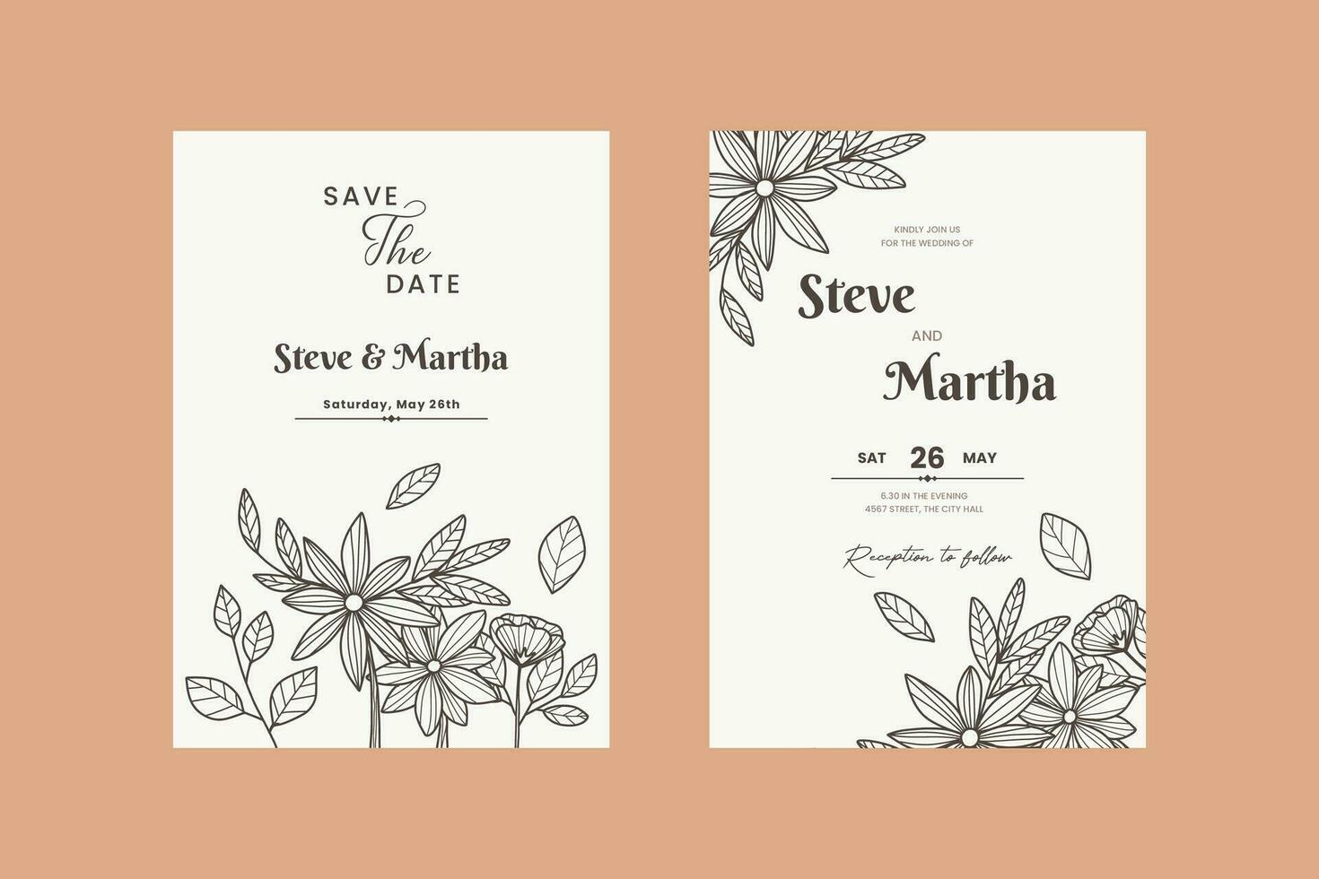 Elegant hand-drawn floral wedding invitation card vector
