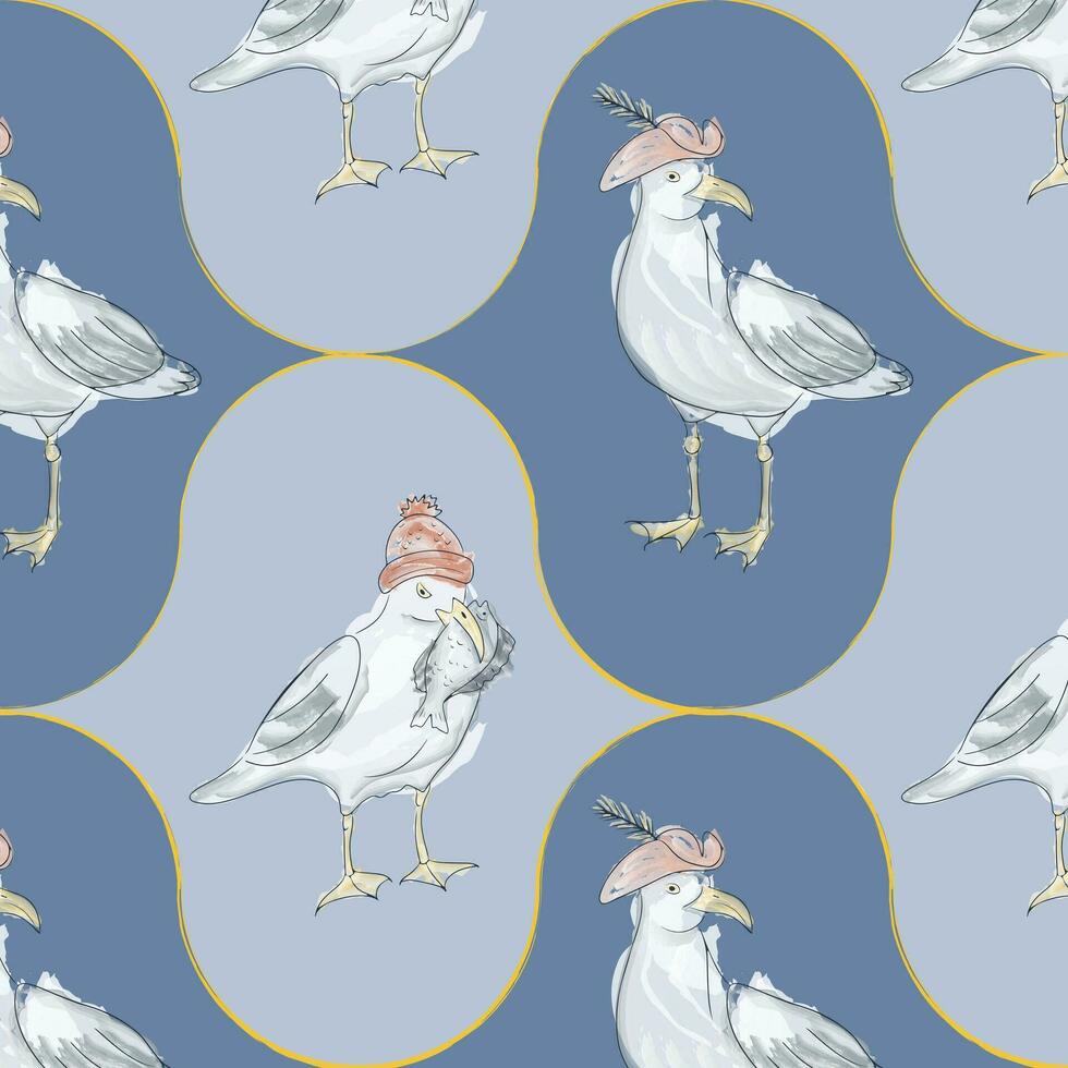 Watercolor daring seagull pattern. Contour hand drawn birds with water color background. Print design good for background, wrapping, textile, background, scrapbooking, stationary vector