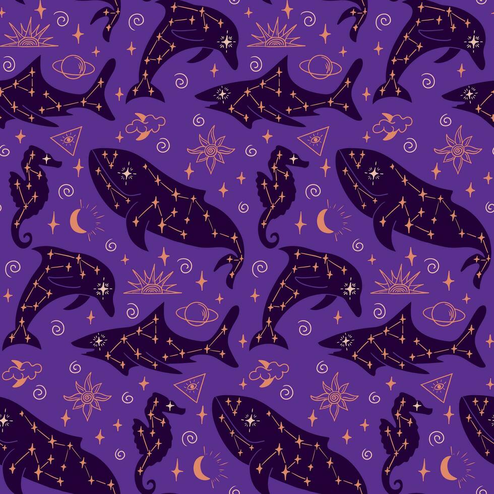 Esoteric mystical flat pattern with whale. Hand drawn sea creatures on purple background. Good for background, wrapping, textile, background, scrapbooking vector