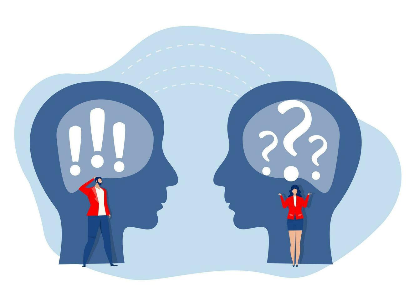 Man and woman with question mark and exclamation mark with human head question and answer with  doubt and certainty problem solving, solution or support idea concept vector illustrator