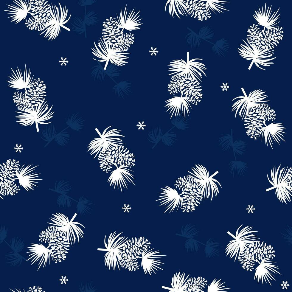 Pine twigs with cones and snowflakes. Seamless pattern vector