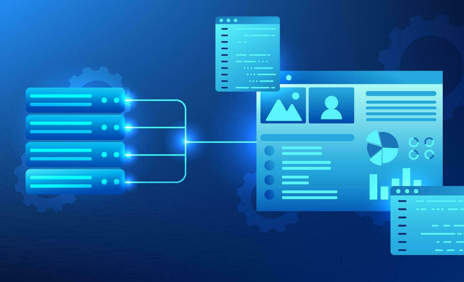 software tecnología ese conecta datos a el servidor sistema con un monitor pantalla. se refiere a escritura software a dar comandos a ordenadores, el artificial inteligencia industria. vector