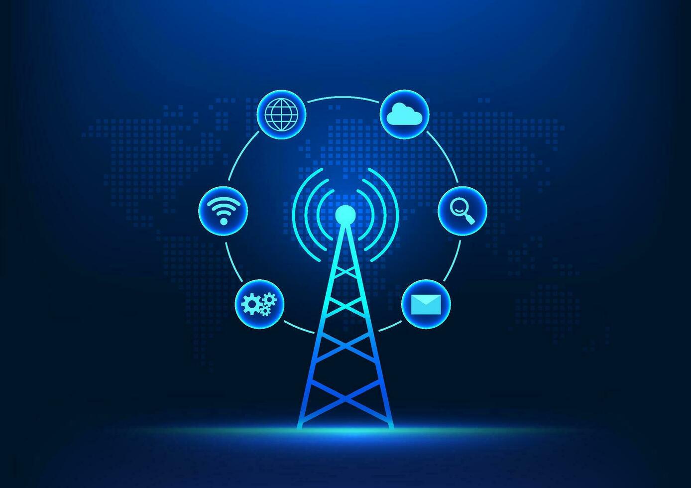Telecommunications technology Transmission tower in front of world map with technology icons It represents the development of advanced communications networks to distribute signals around the world. vector