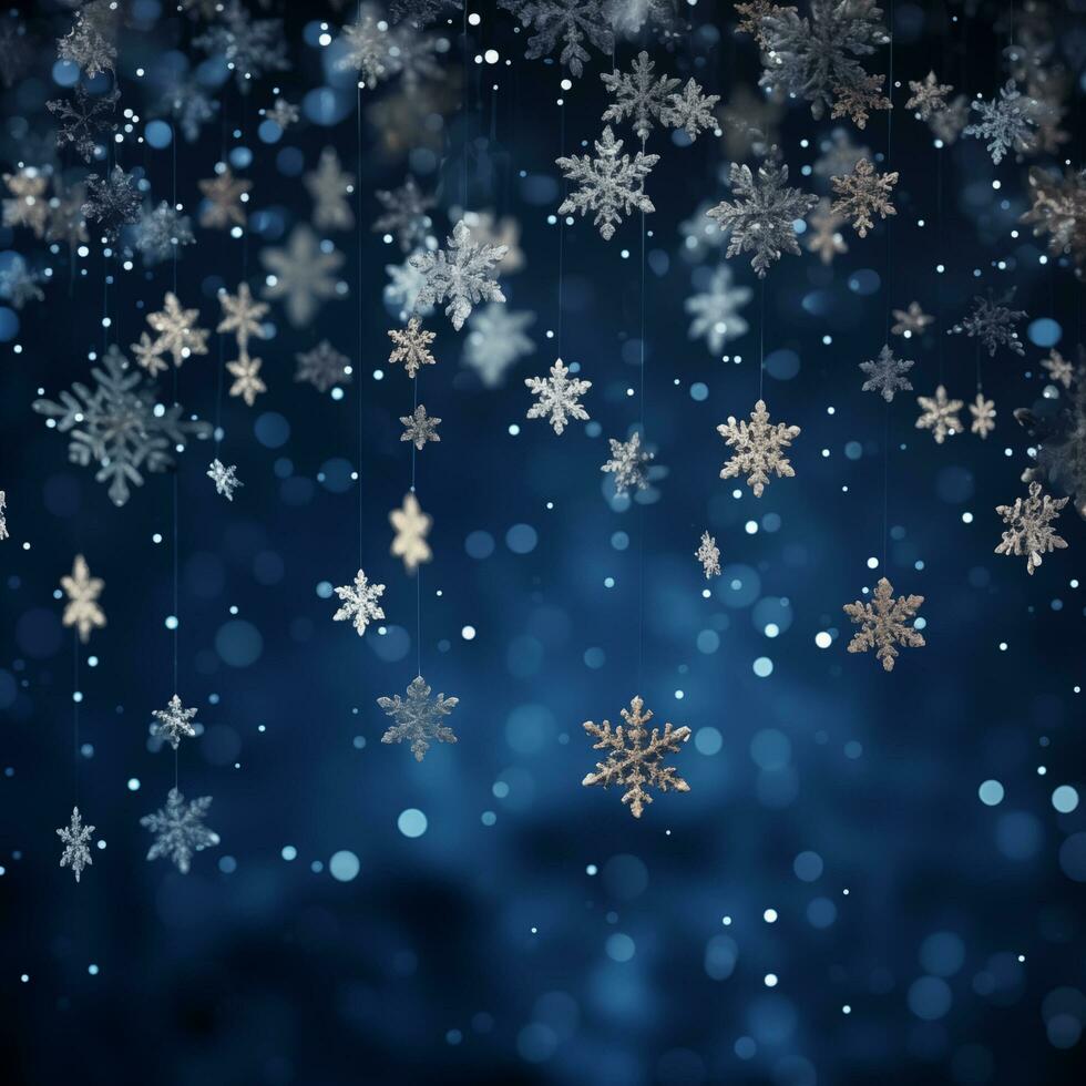 Christmas and New Year festive background. Snowflakes and bokeh light on Navy blue background with copy space for text. The concept of Christmas and New Year holidays photo