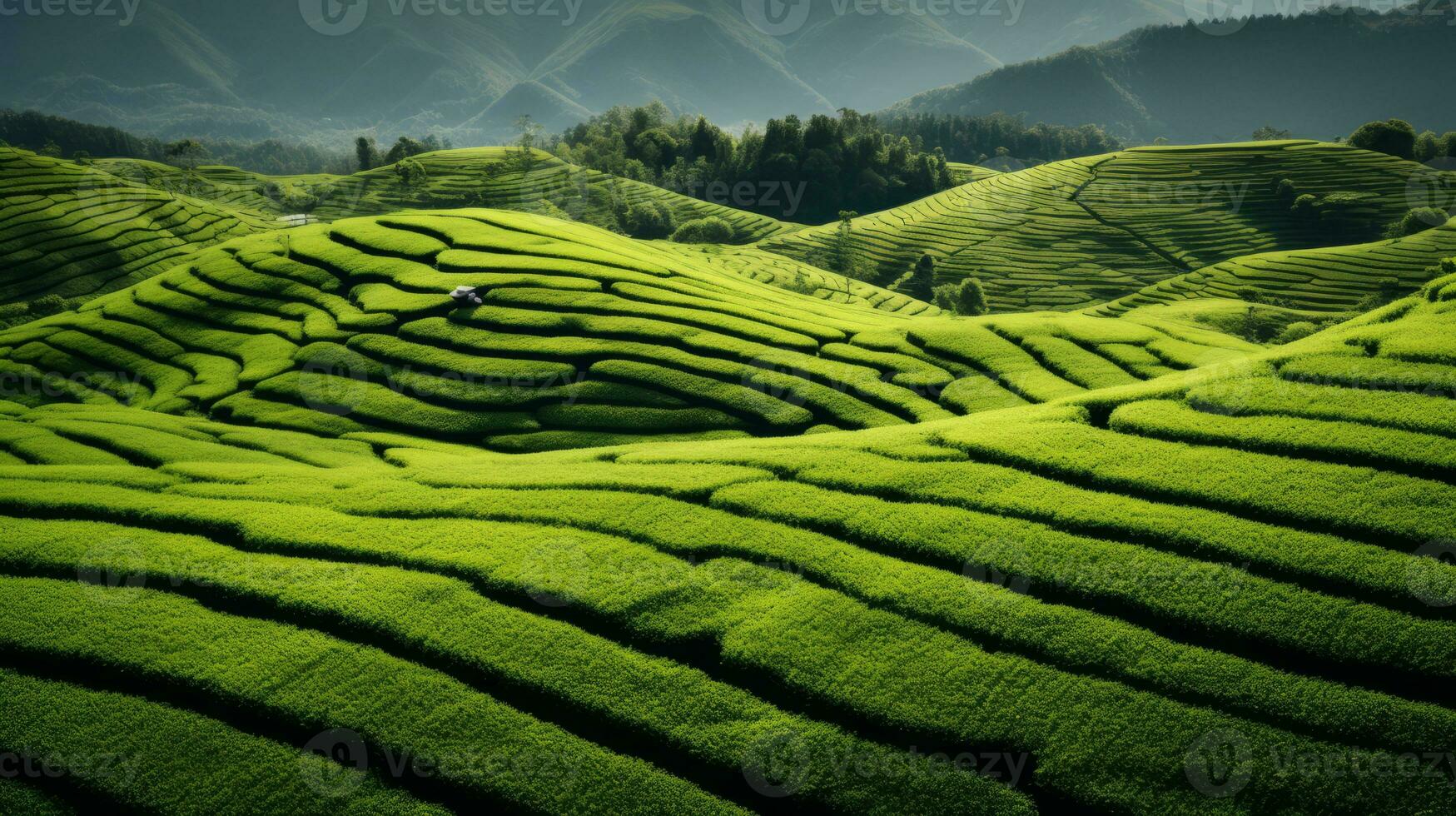 AI generated Green tea plantation, top view texture photo