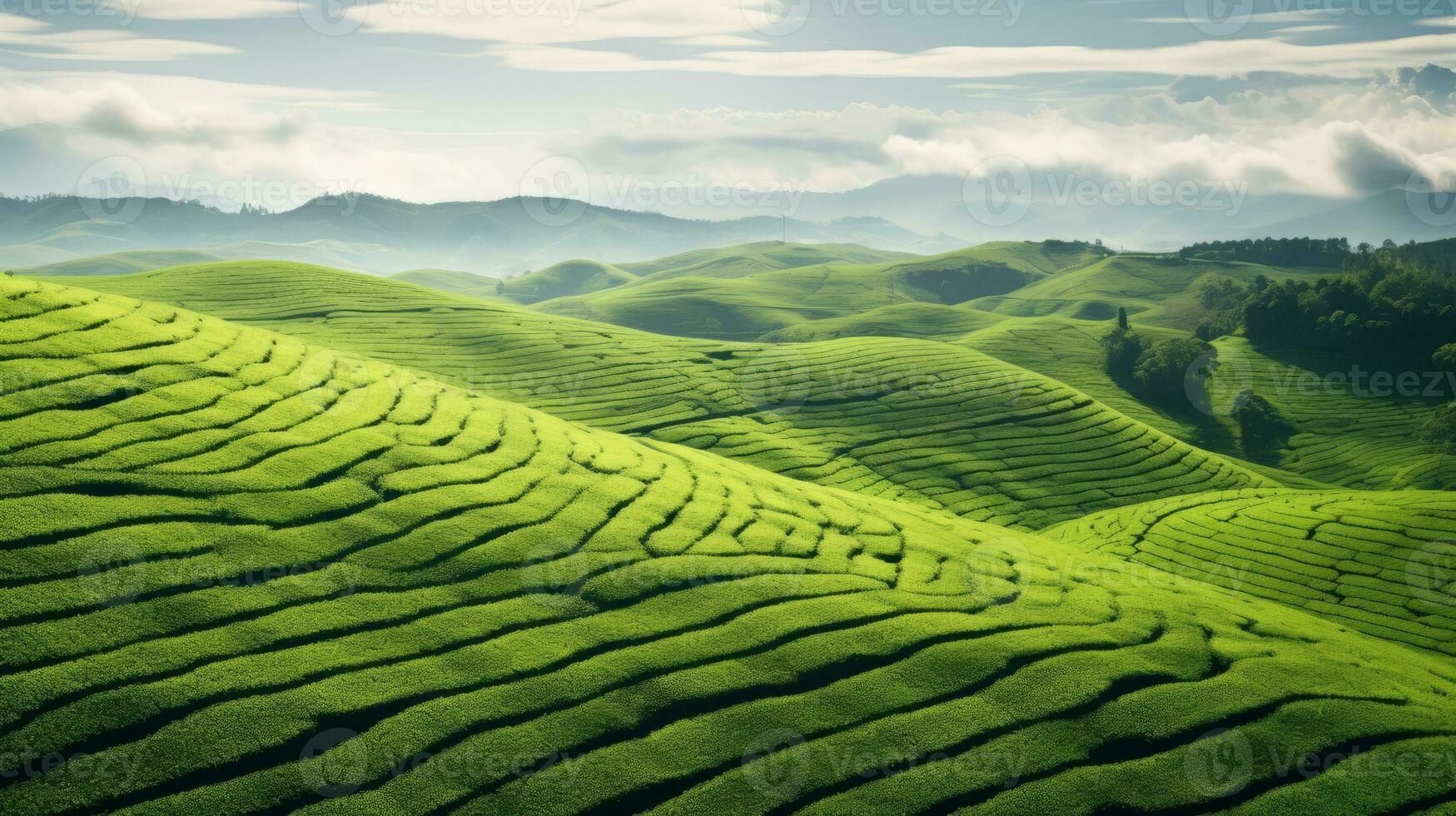 AI generated Green tea plantation, top view texture photo