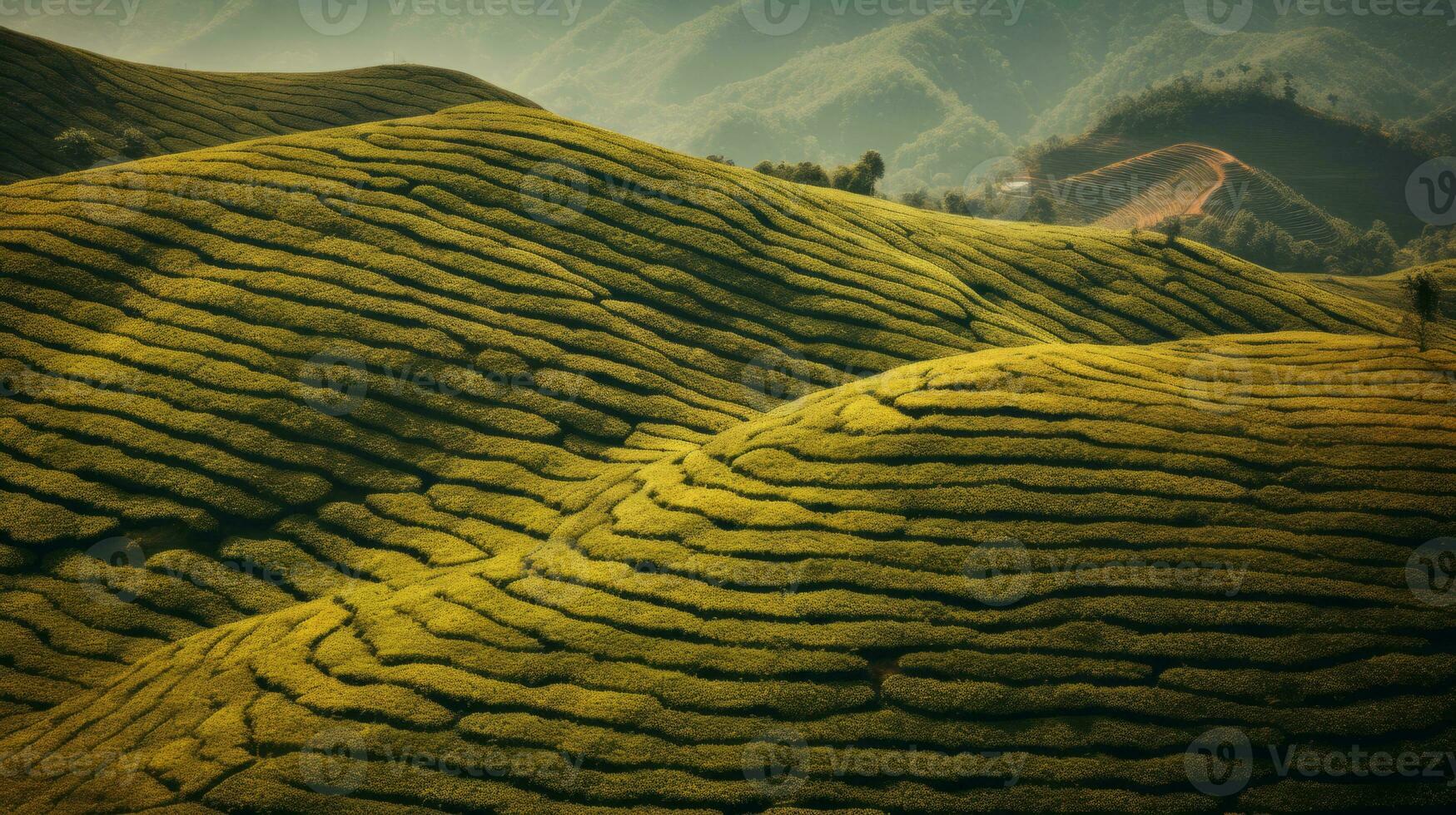 ai generado verde té plantación, parte superior ver textura foto