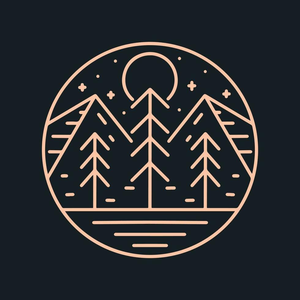 The mountain and nature trees one color monoline  vector illustration for badge, sticker, t shirt design and outdoor design